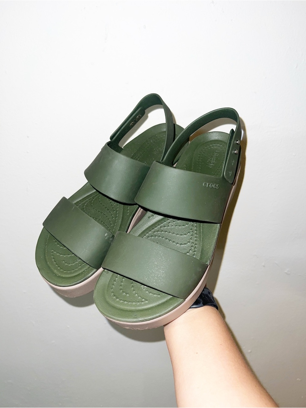 CROCS Women’s Olive Green Double-Strap Platform Wedge Sandals
